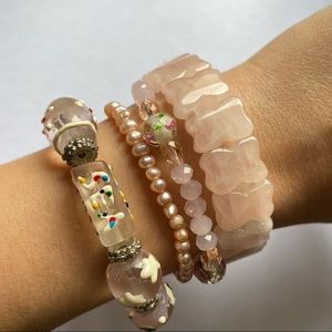 Pink Beaded Bracelet Set- Rose Quartz & Pearls